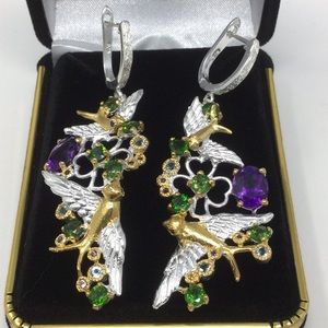 Super Gorgeous, Genuine Amethyst, Russian Chrome Diopside & Topaz Earrings